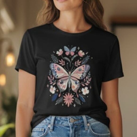 NWT ~ Women's Black T-Shirt Colorful Pink & Blue Butterfly Design Top ~ XL - Picture 1 of 1